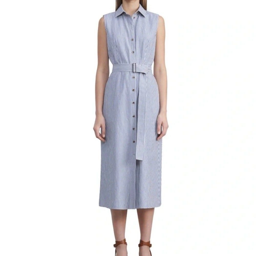 Lafayette 148 Pax Railroad Stripe Belted Shirt Dress 16 Cotton Linen Sleeveless